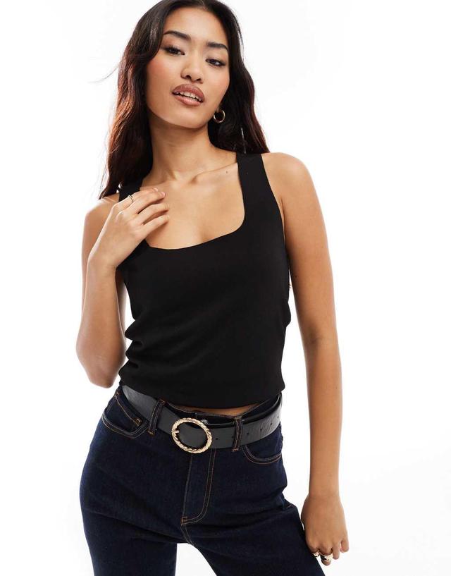 Mango square neck knit tank top in black Product Image