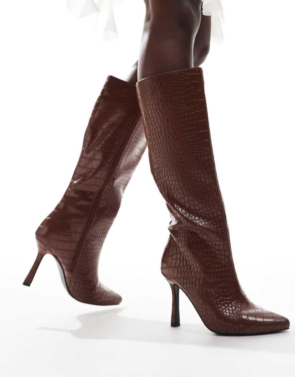 Glamorous kitten heel knee boots in cognac croc Product Image