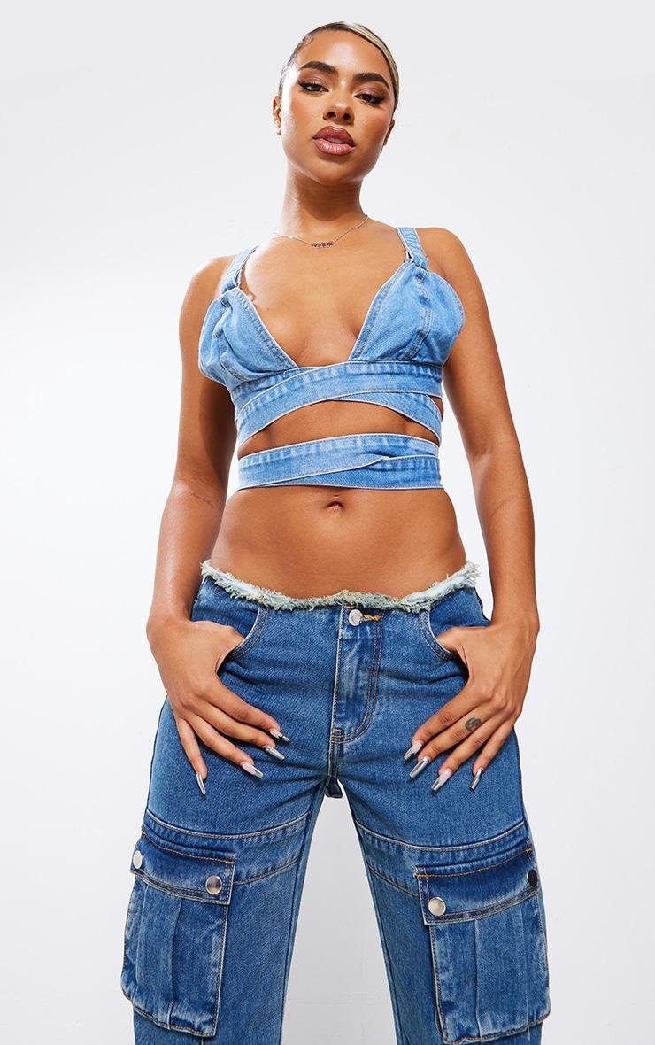 Indigo Blue Wash Tie Denim Bralet Product Image