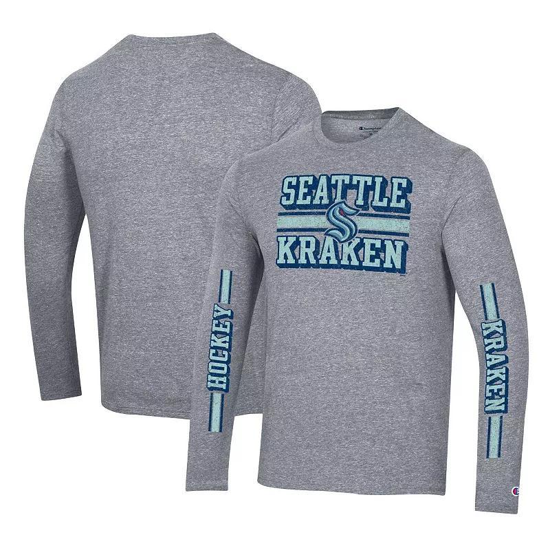 Mens Champion Heather Gray Seattle Kraken Tri-Blend Dual-Stripe Long Sleeve T-Shirt Product Image