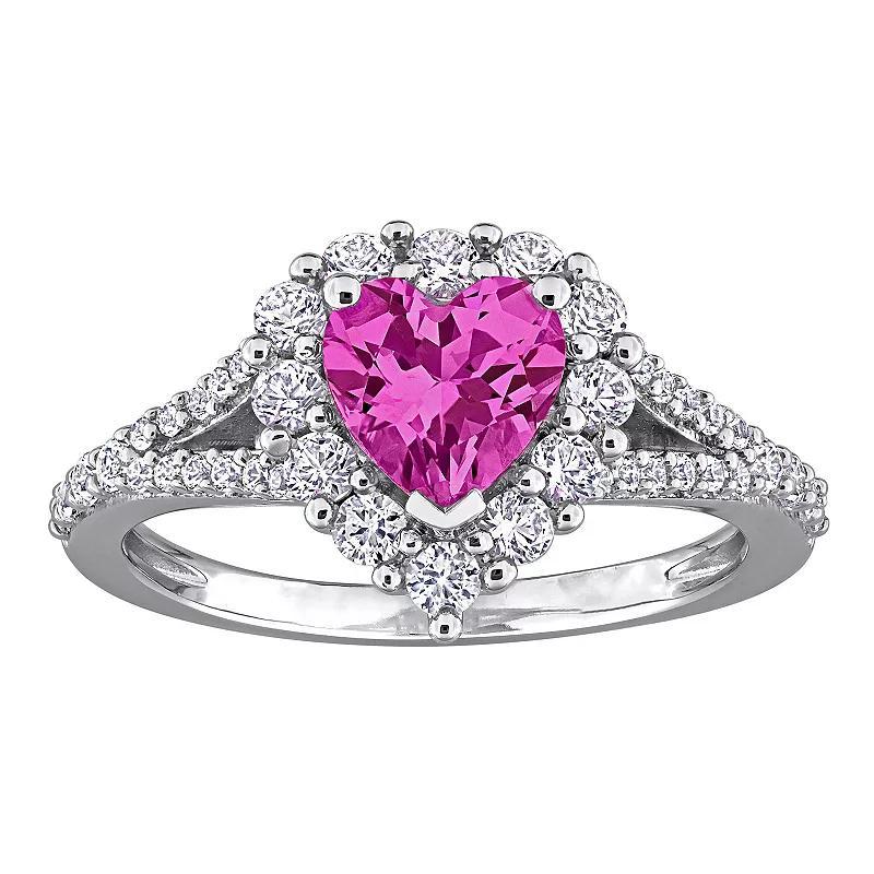 Stella Grace Sterling Silver Lab-Created Pink Sapphire & Lab-Created White Sapphire Halo Heart Engagement Ring, Womens Product Image