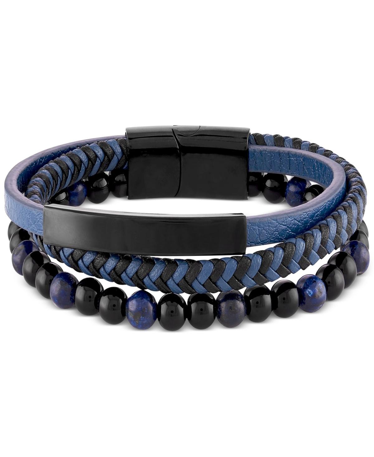 Mens Onyx & Lava Bead Triple Row Braided Leather Bracelet Ion-Plated Stainless Steel (Also in Onyx/Sodalite) - Black Product Image