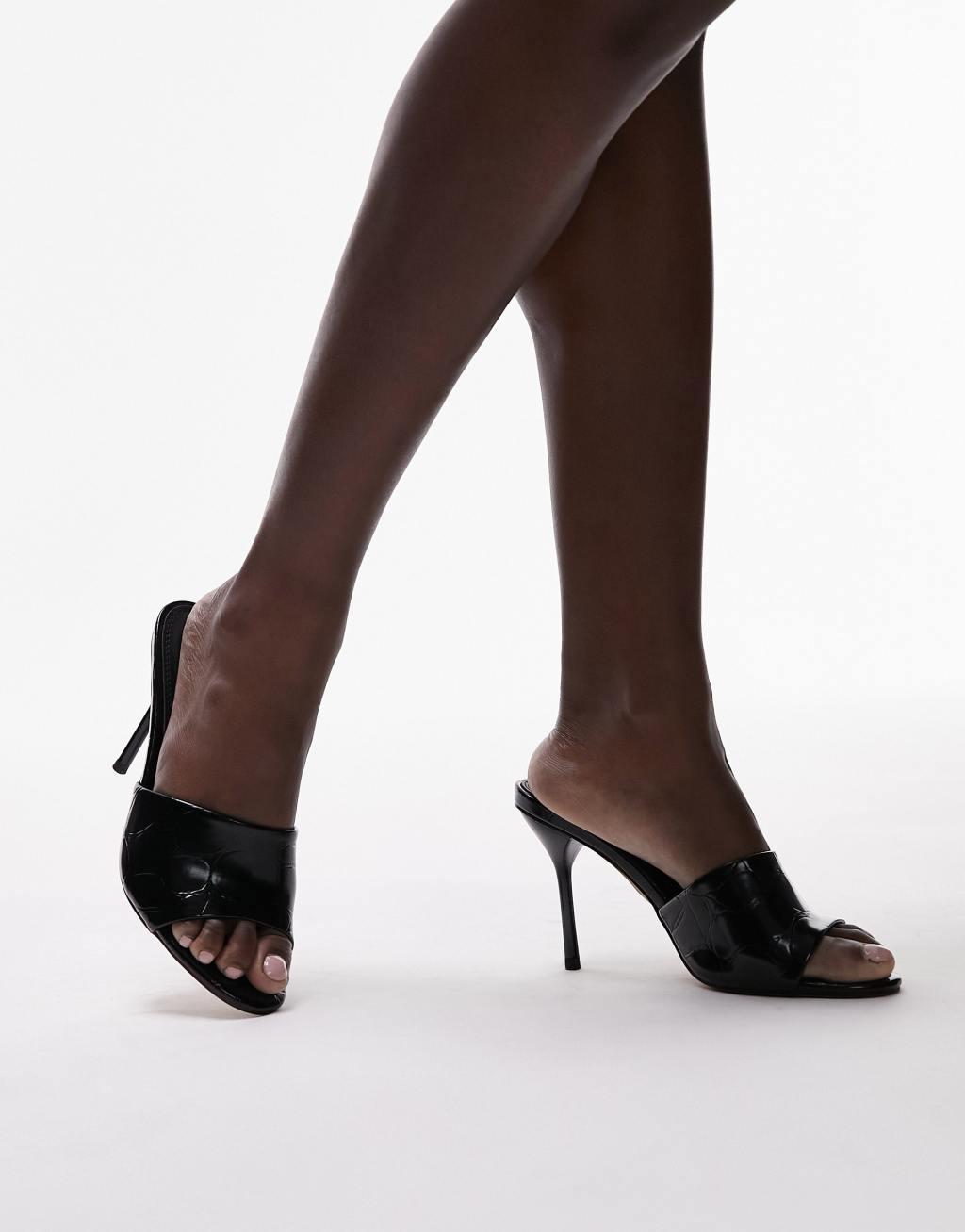 Topshop Wide Fit Fia almond toe heeled mules in black Product Image