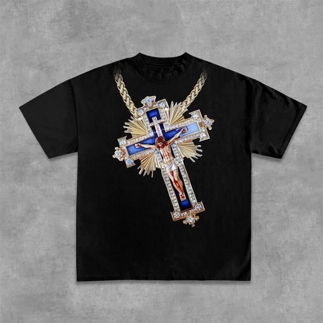 Christianity & Cross Necklace & Jesus Print Cotton T-Shirt Product Image