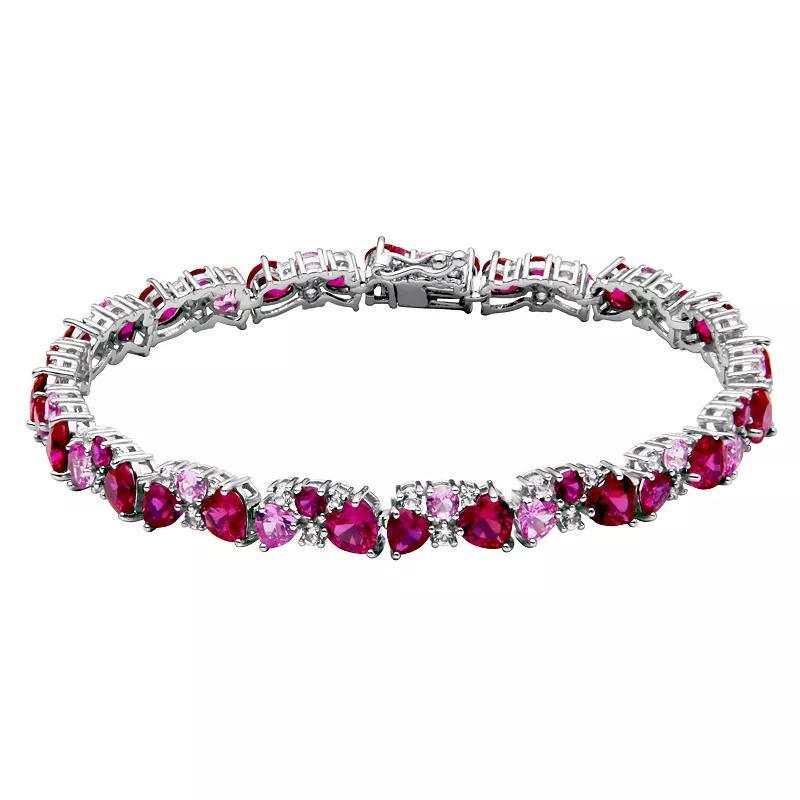 Sterling Silver Lab-Created Ruby, Lab-Created Pink Sapphire & Lab-Created White Sapphire Cluster Heart Bracelet, Womens Product Image