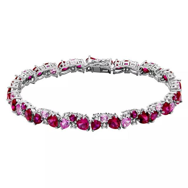 Sterling Silver Lab-Created Ruby, Lab-Created Pink Sapphire & Lab-Created White Sapphire Cluster Heart Bracelet, Womens Red Product Image