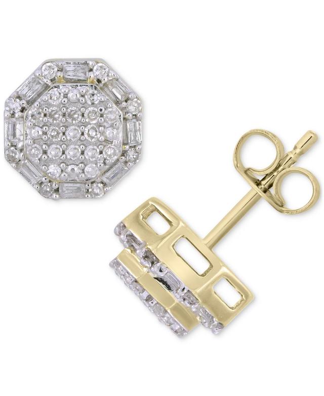 Mens Diamond Round & Baguette Hexagon Cluster Stud Earrings (1/4 ct. t.w.) in 10k Gold Product Image