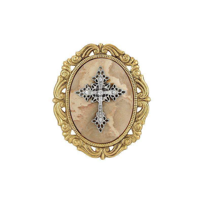 Symbols Of Faith Gold Tone Crystal Cameo Cross Brooch, Womens, Beige Product Image