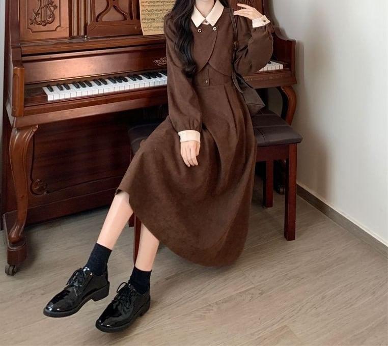 Long-Sleeve Collar Plain Mock Two-Piece Midi A-Line Dress Product Image