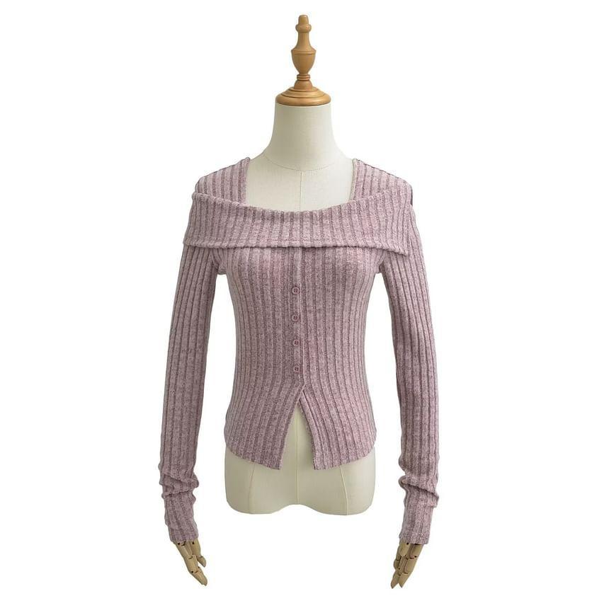 Long-Sleeve Square-Neck Melange Ribbed Knit Top Product Image