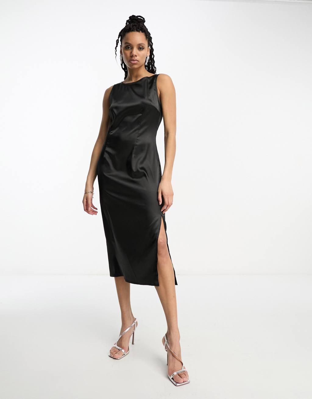 Urban Threads satin midi dress with slit in black Product Image