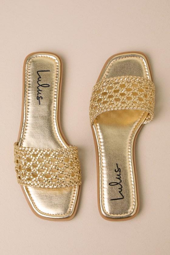 Wenda Gold Metallic Woven Flat Slide Sandals Product Image