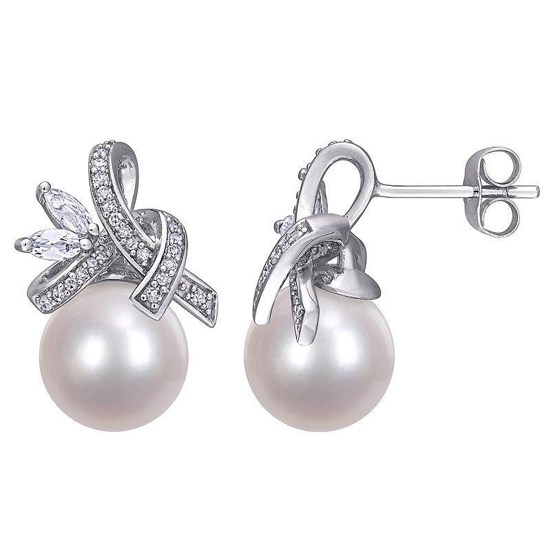 Stella Grace 10k White Gold 1/6 Carat T.W. Diamond, Freshwater Cultured Pearl & White Topaz Earrings, Womens Product Image