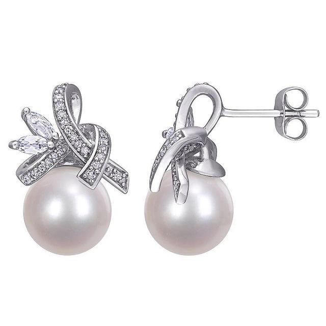 Stella Grace 10k White Gold 1/6 Carat T.W. Diamond, Freshwater Cultured Pearl & White Topaz Earrings, Womens Product Image