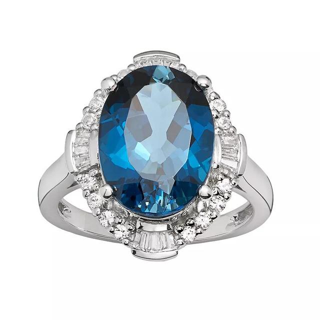 Sterling Silver London Blue Topaz & Lab-Created White Sapphire Scalloped Oval Halo Ring, Womens Product Image