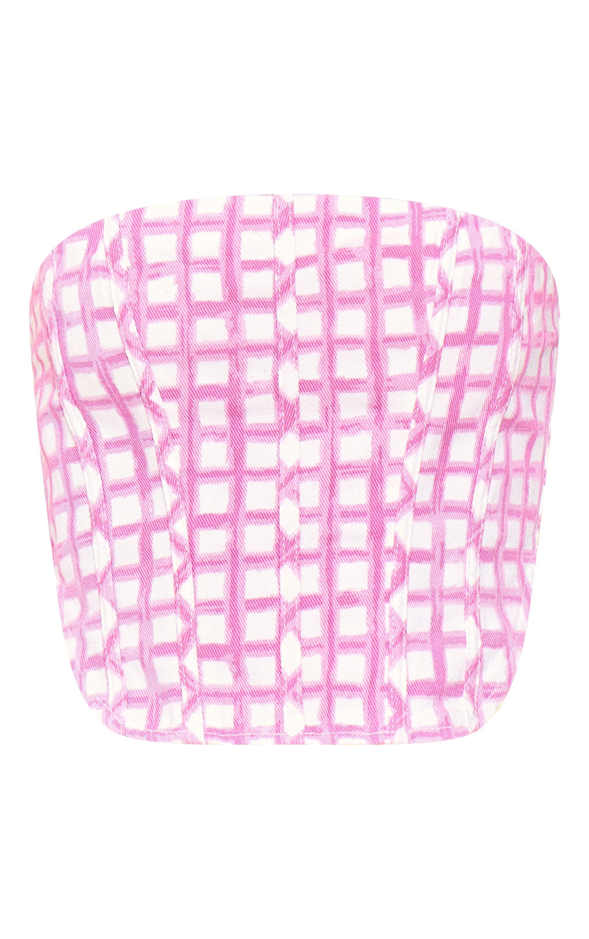 Pink Gingham Lace Up Denim Corset Top Product Image