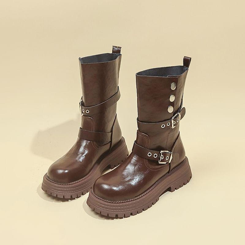 Platform Plain Buckled Mid Calf Boots Product Image