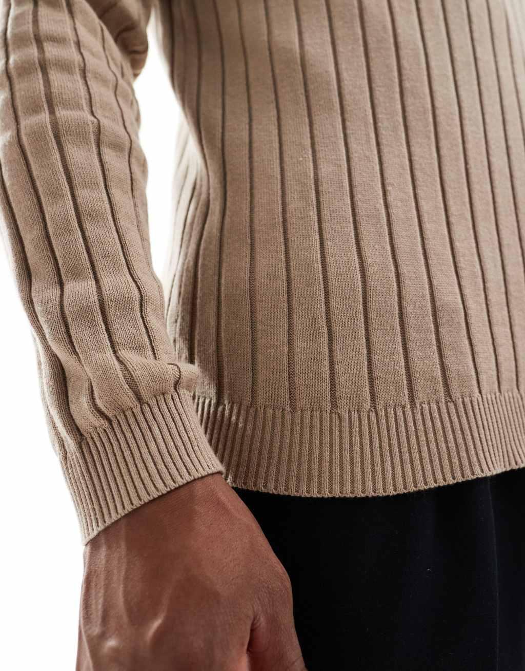 ASOS DESIGN essential muscle fit knit ribbed half zip sweater in taupe Product Image