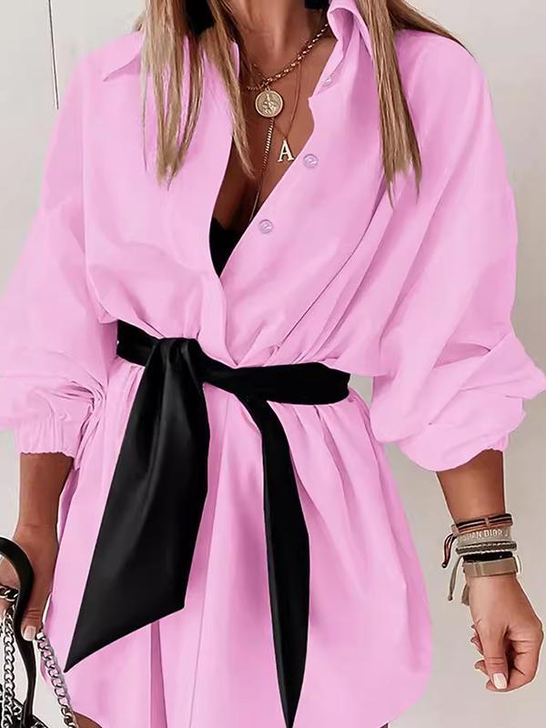 Long Sleeves Loose Buttoned Elasticity Tied Waist Lapel Mini Dresses Shirt Dress Product Image