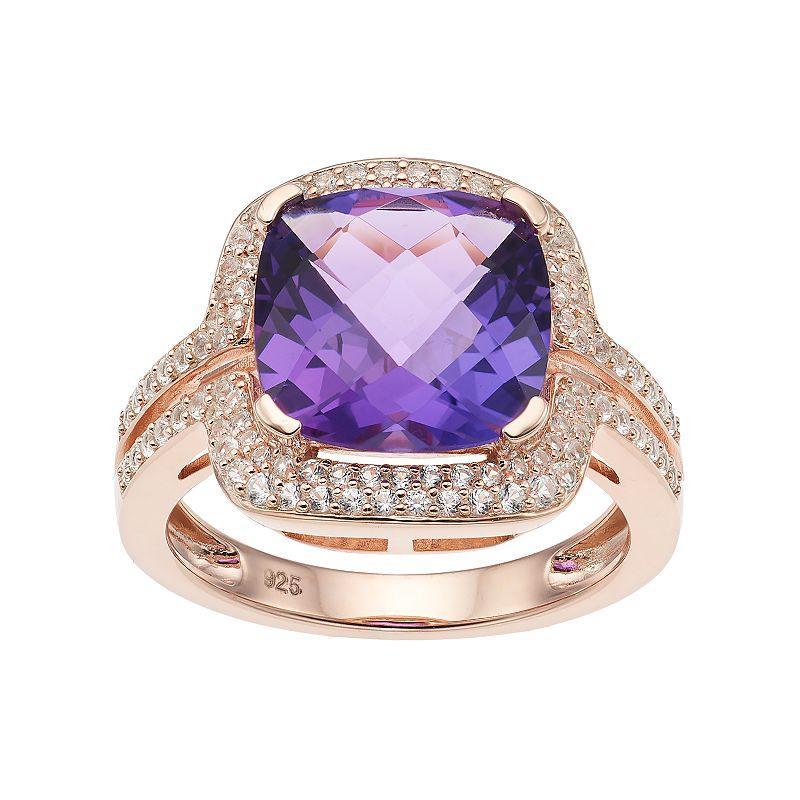 14k Rose Gold Over Silver Amethyst & Lab-Created White Sapphire Square Halo Ring, Womens Pink Tone Product Image