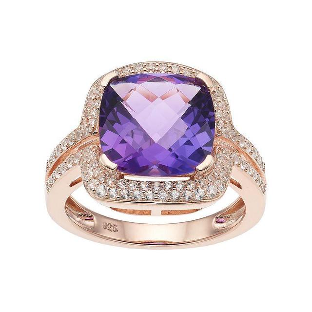 14k Rose Gold Over Silver Amethyst & Lab-Created White Sapphire Square Halo Ring, Womens Purple Product Image