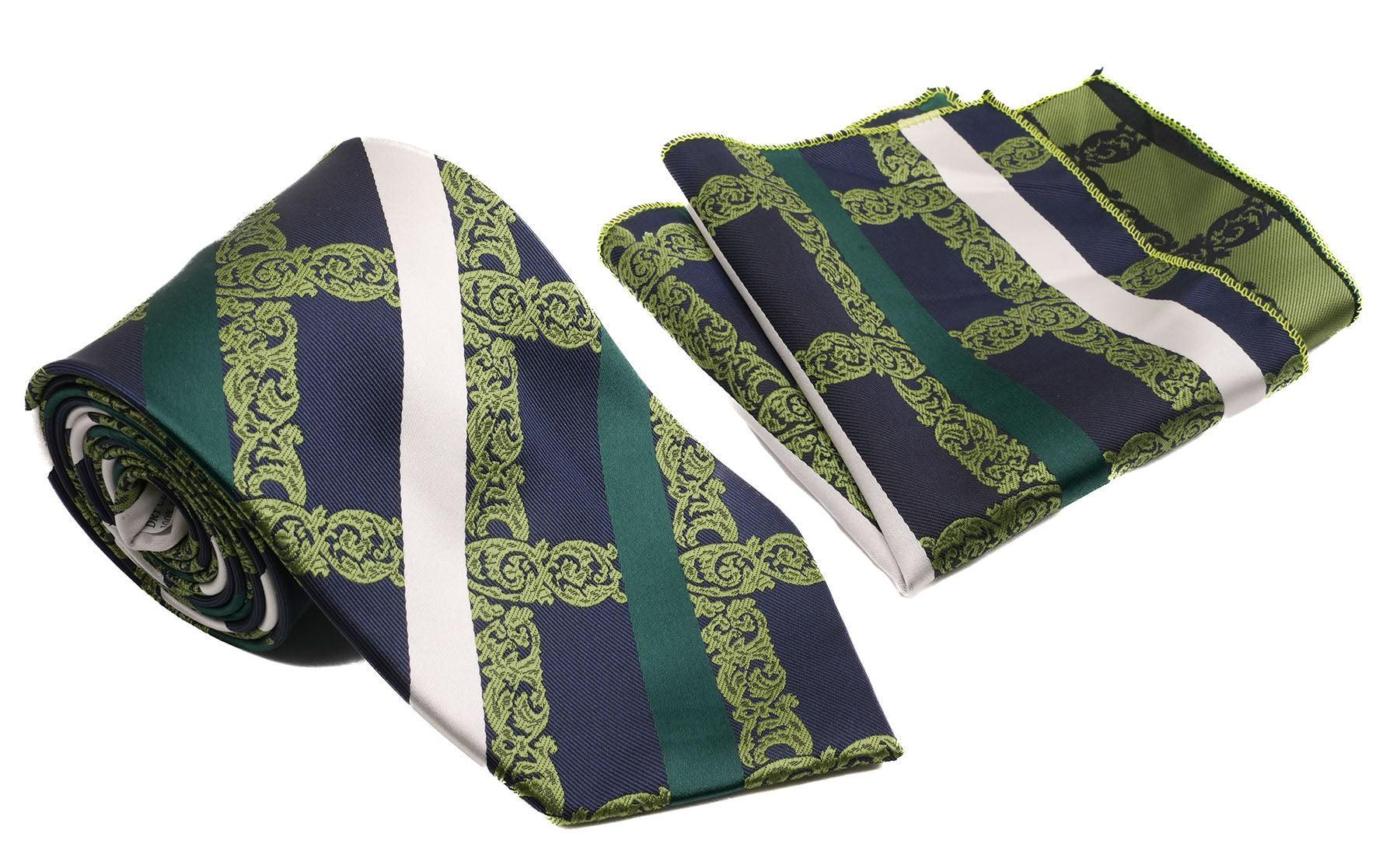 Navy Green Diagonal Stripe Palmette Pattern Men's Classic Tie and Pocket Square Set Male Product Image