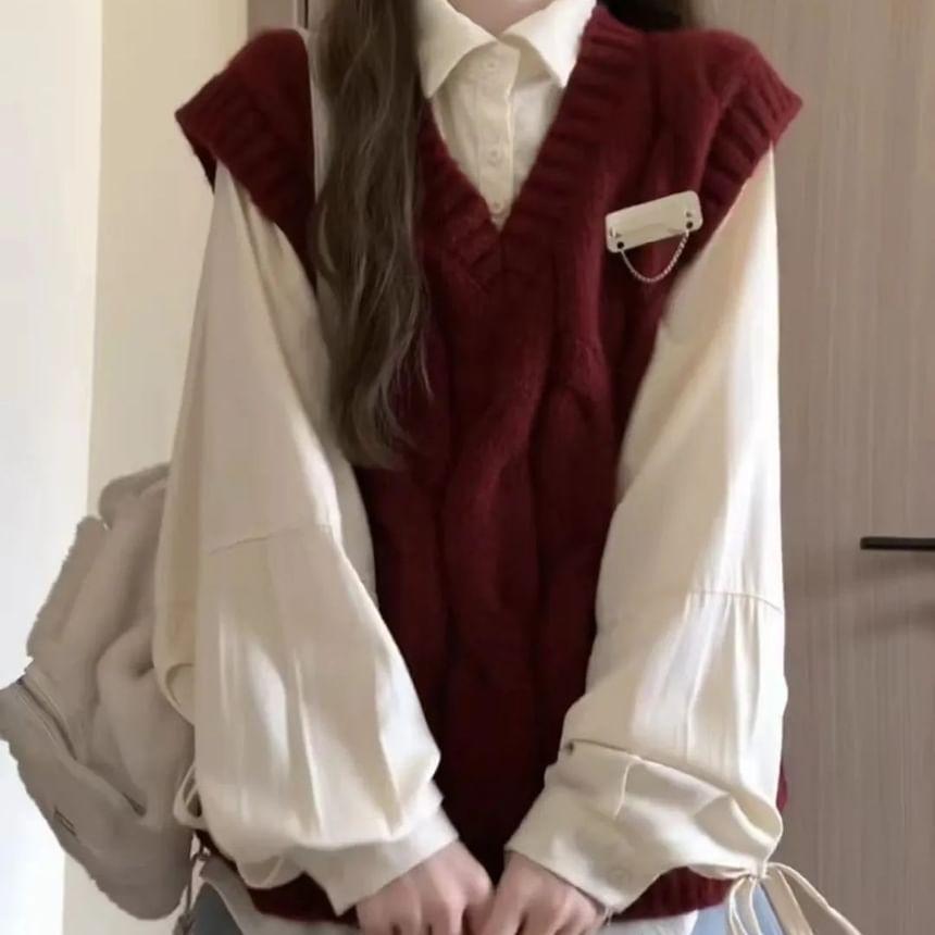 Long-Sleeve Collared Plain Blouse / V-Neck Metal Accent Cable Knit Sweater Vest / Set Product Image