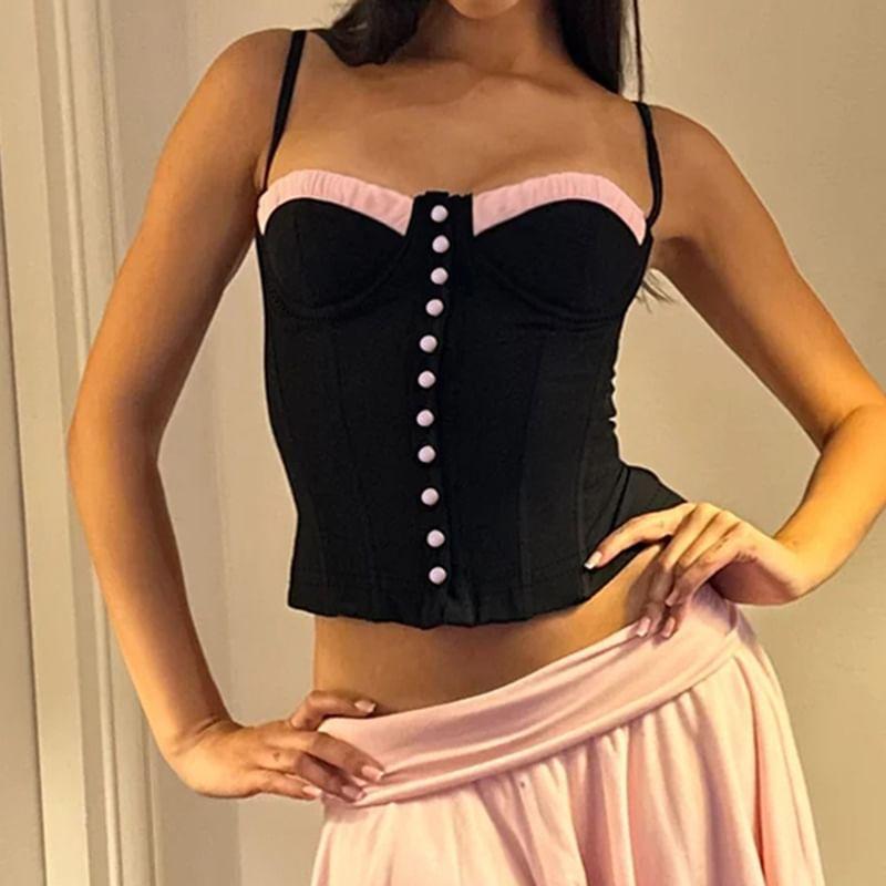 Ruffled-Trim Plain Button-Up Corset Camisole Top Product Image