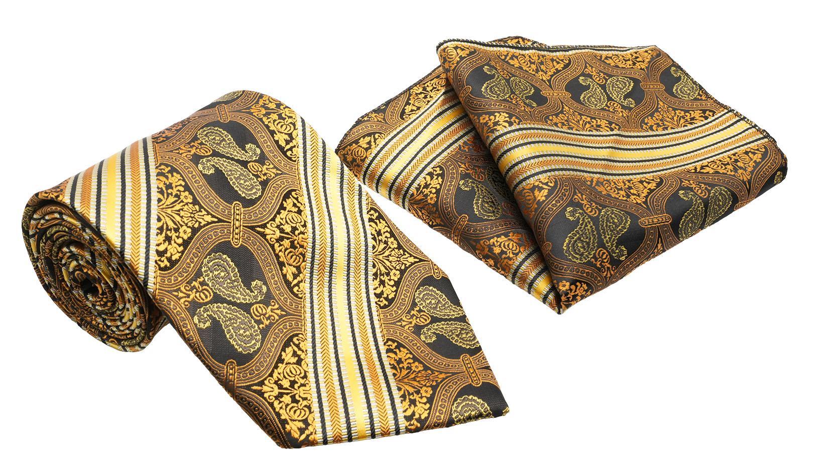 Gold Black Floral Striped Pattern Men's Classic Tie and Pocket Square Set Male Product Image