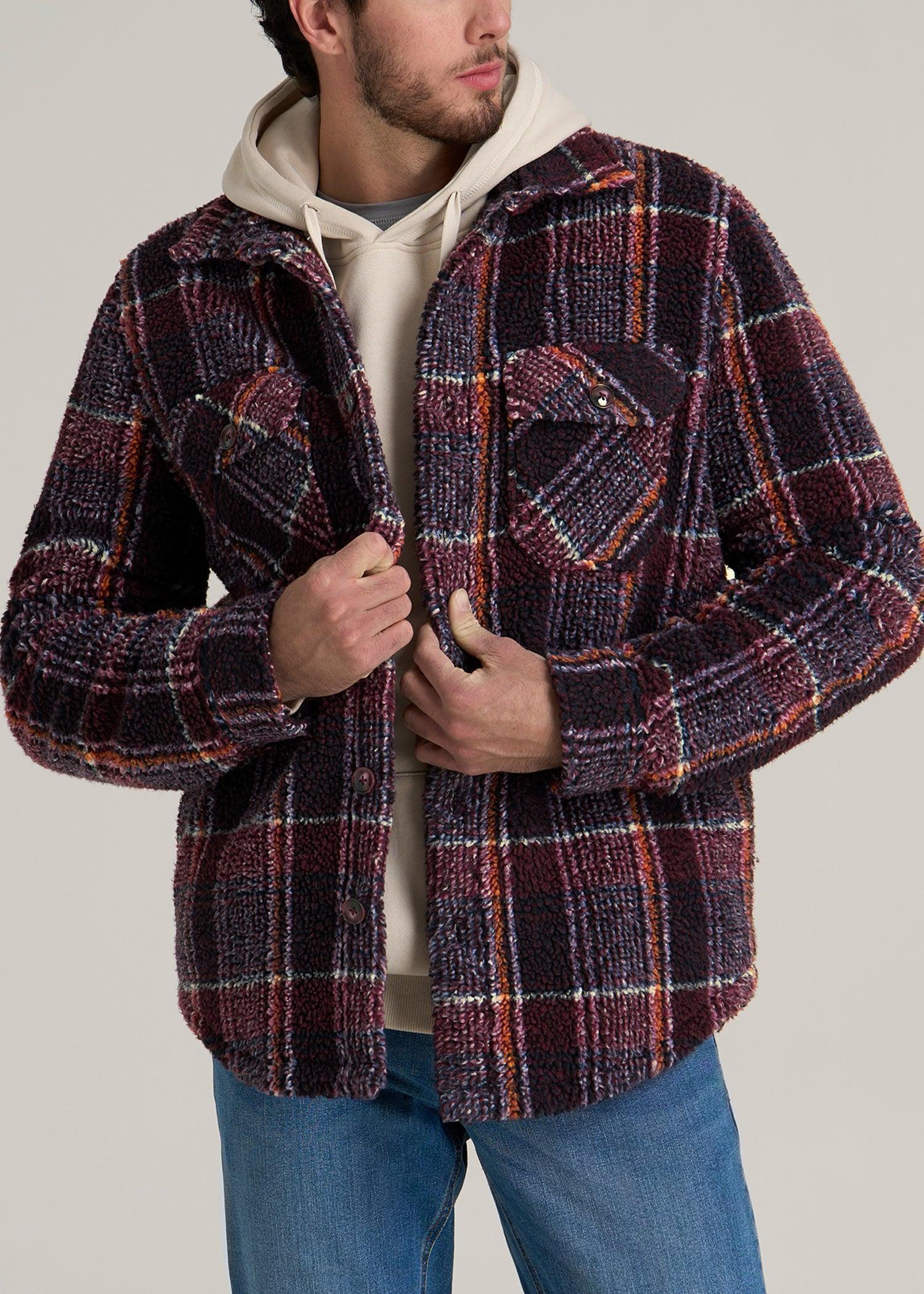 Tall Men's Sherpa Shirt Jacket in Burgundy and Navy Plaid Male Product Image