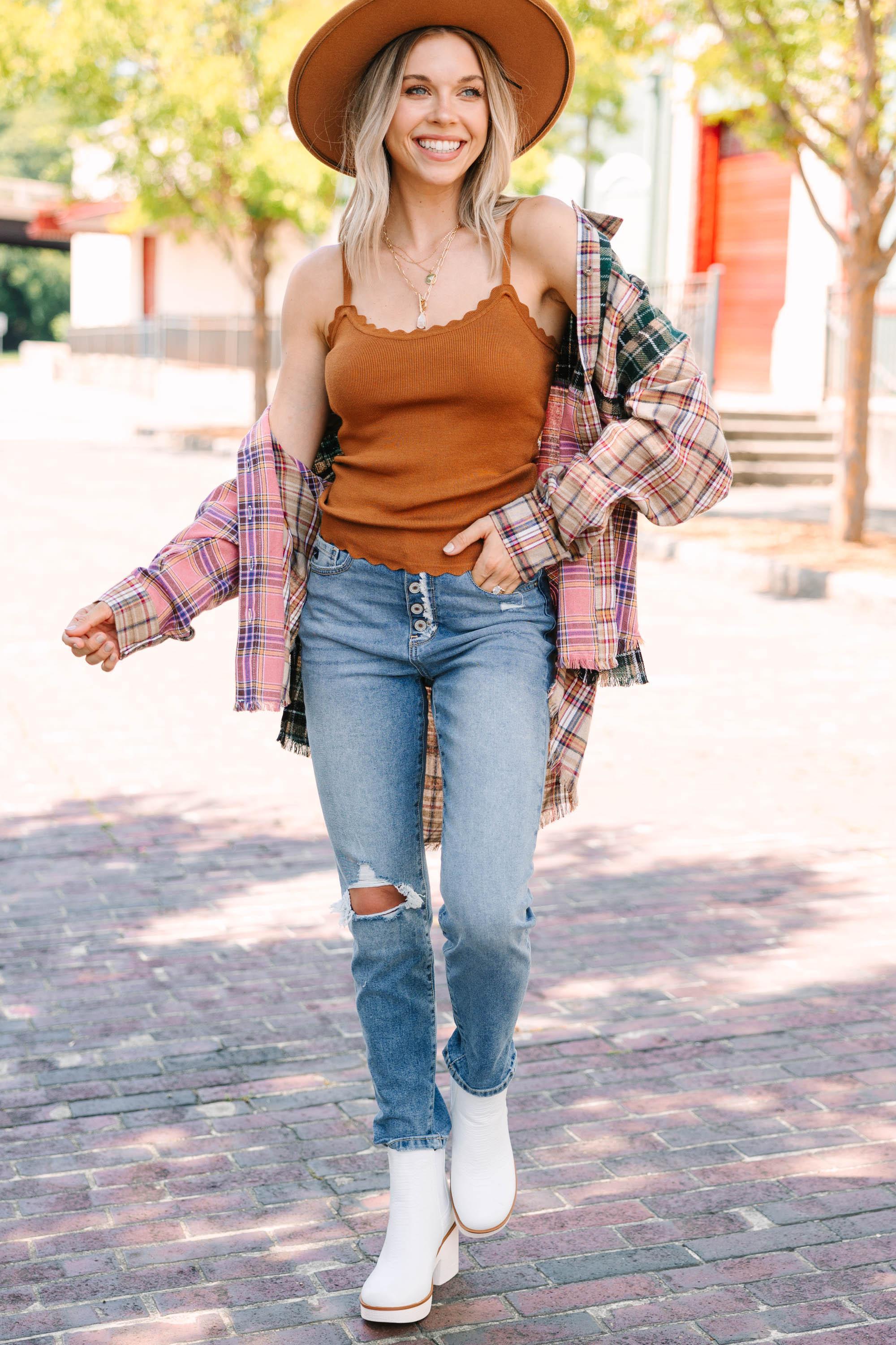 On My Way Out Camel Brown Scalloped Tank Female Product Image