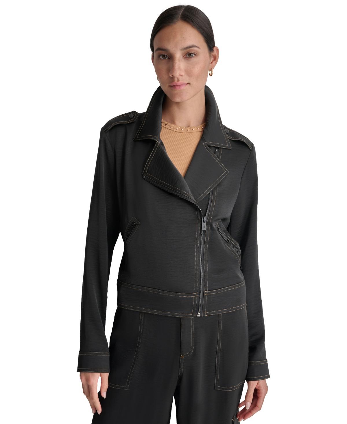 Dkny Womens Contrast Stitch Asymmetric Moto Jacket Product Image