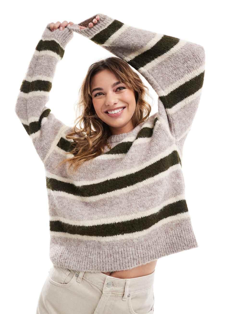 ASOS DESIGN wool blend fluffy knitted sweater in green stripe Product Image