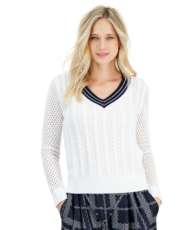 Women's Cotton Mixed-Stitch V-Neck Sweater Product Image