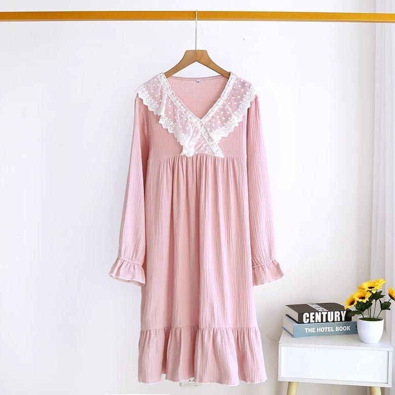 Long-Sleeve V-Neck Lace Trim Pajama Dress Product Image