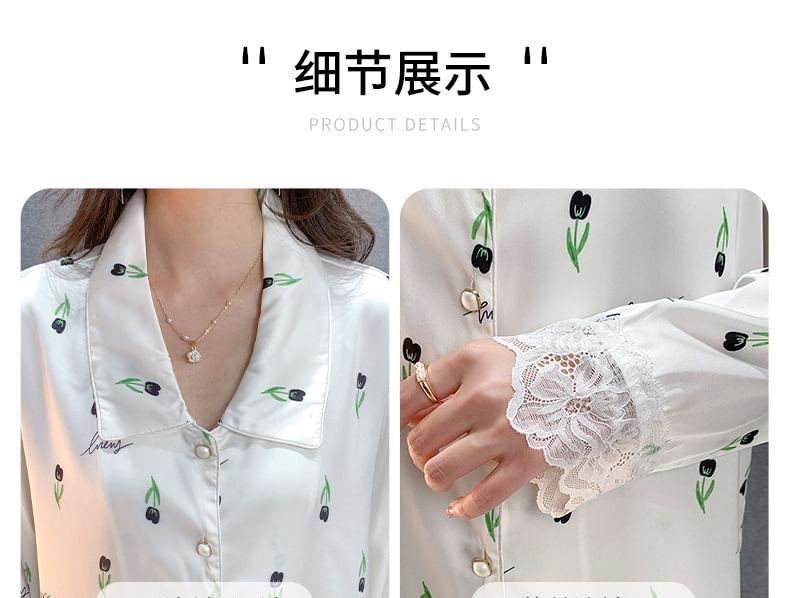 Pajama Set: Long-Sleeve Collared Floral Print Lace Trim Button-Up Top + Pants Product Image