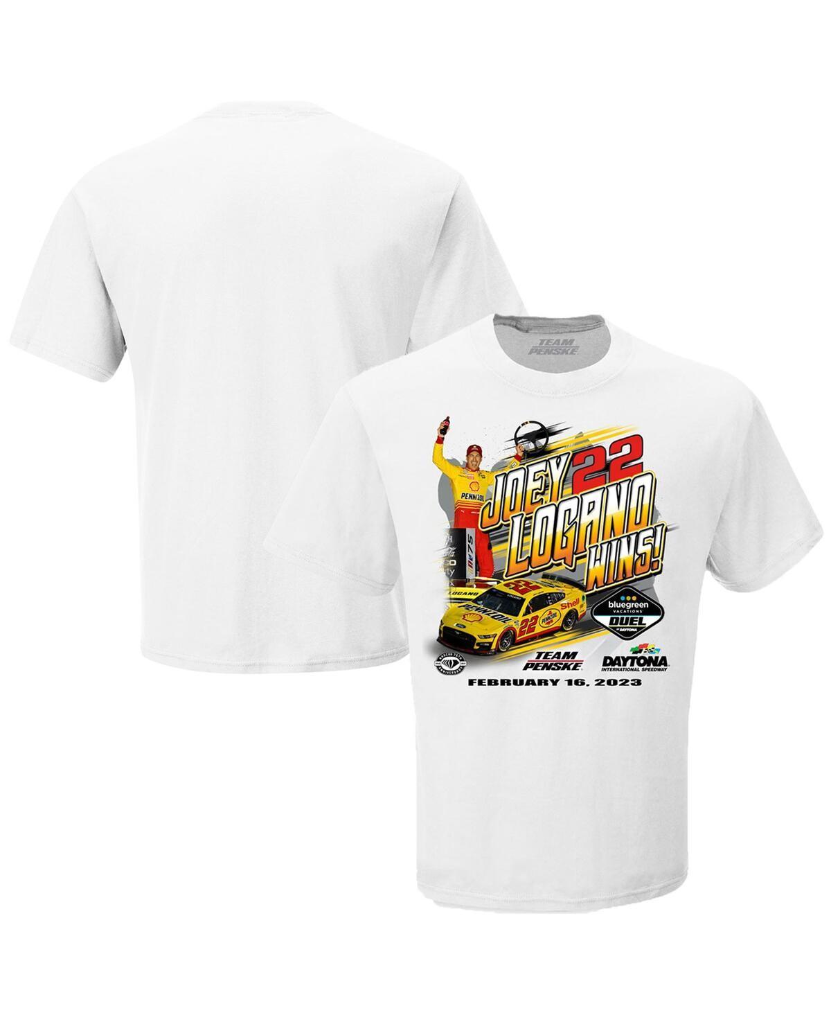 Mens Checkered Flag Sports White Joey Logano 2023 Bluegreen Vacations Duel 1 Race Winner T-shirt Product Image