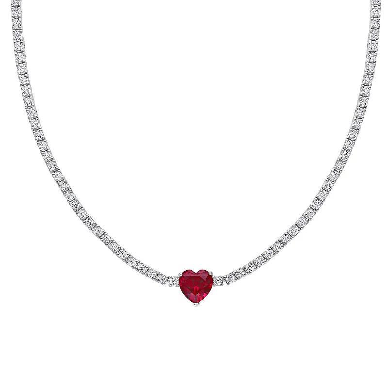 Stella Grace Sterling Silver Heart Shapd Lab-Created Ruby & Lab-Created White Sapphire Tennis Necklace, Womens Product Image