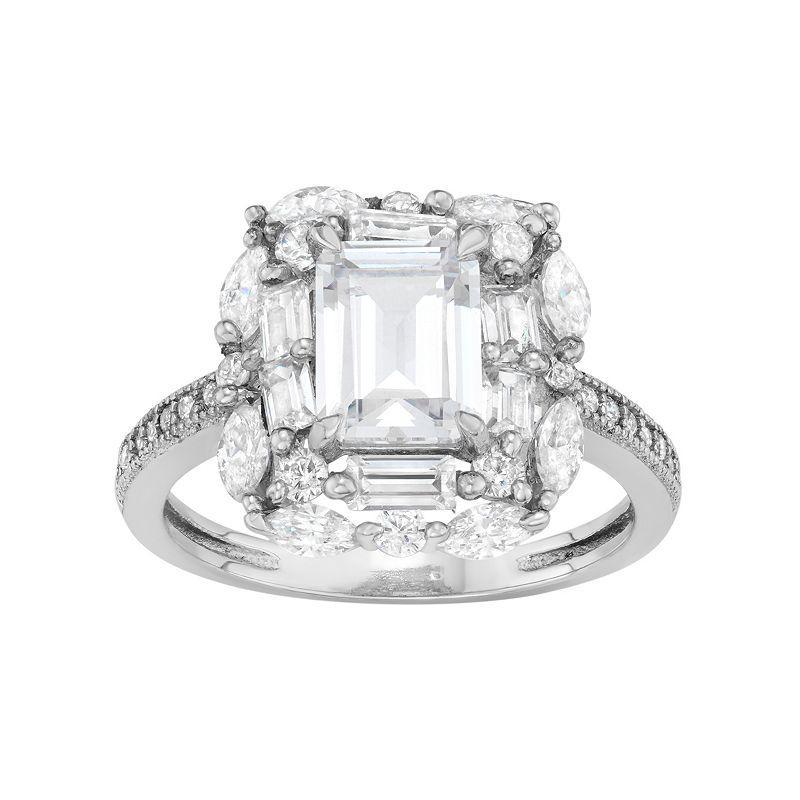 Sterling Silver Cubic Zirconia Rectangle Halo Ring, Womens Product Image