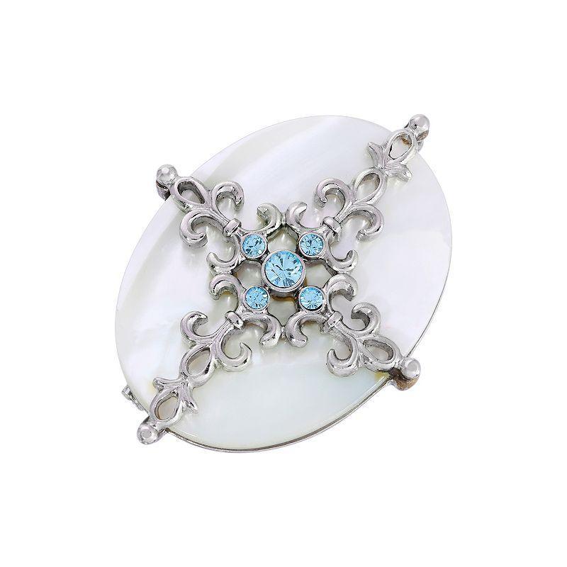 1928 Silver Tone Aqua and Simulated Pearl Cross Brooch, Womens, White Product Image