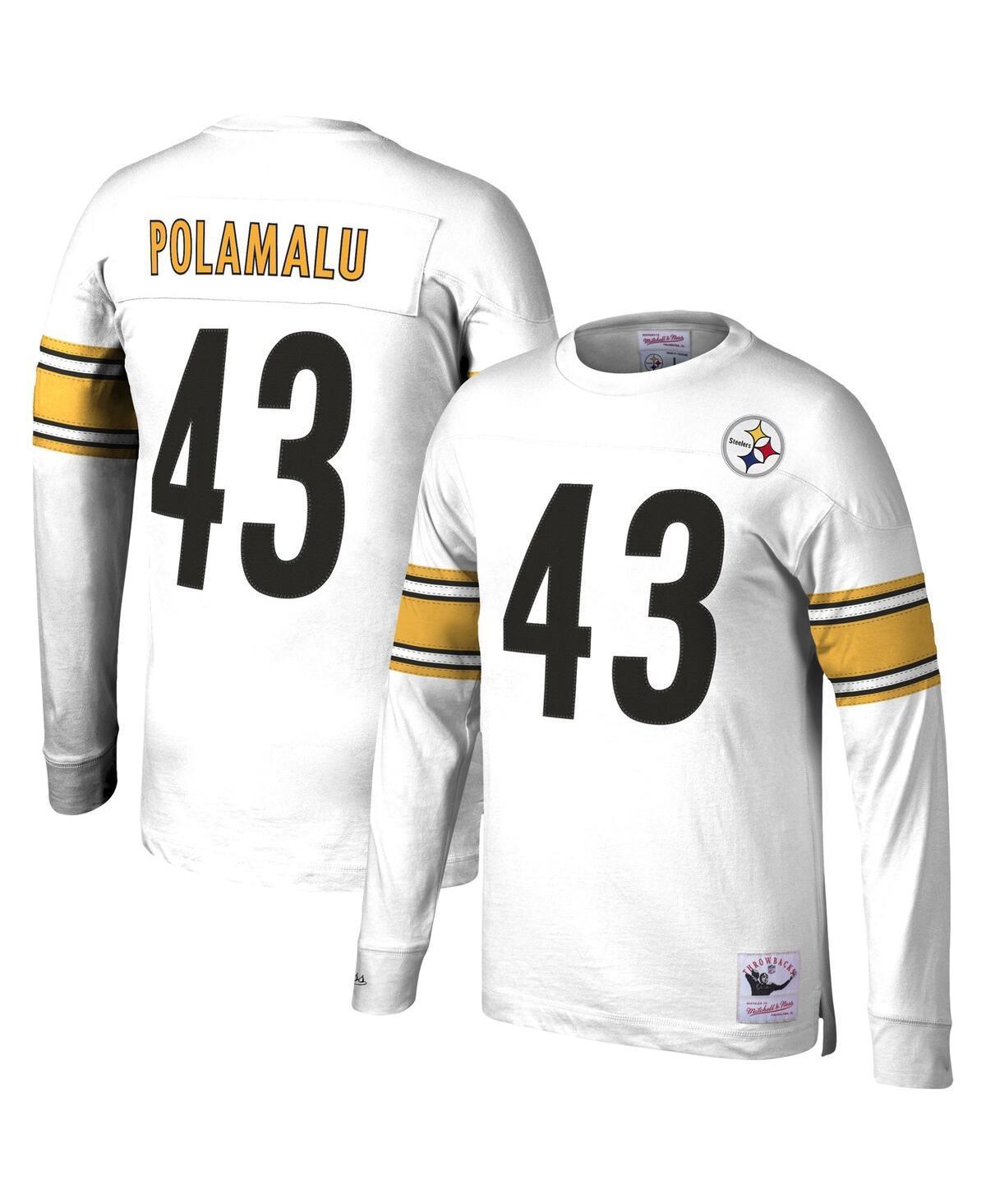 Mens Mitchell & Ness Troy Polamalu White Pittsburgh Steelers Retired Player Name and Number Long Sleeve T-Shirt Product Image