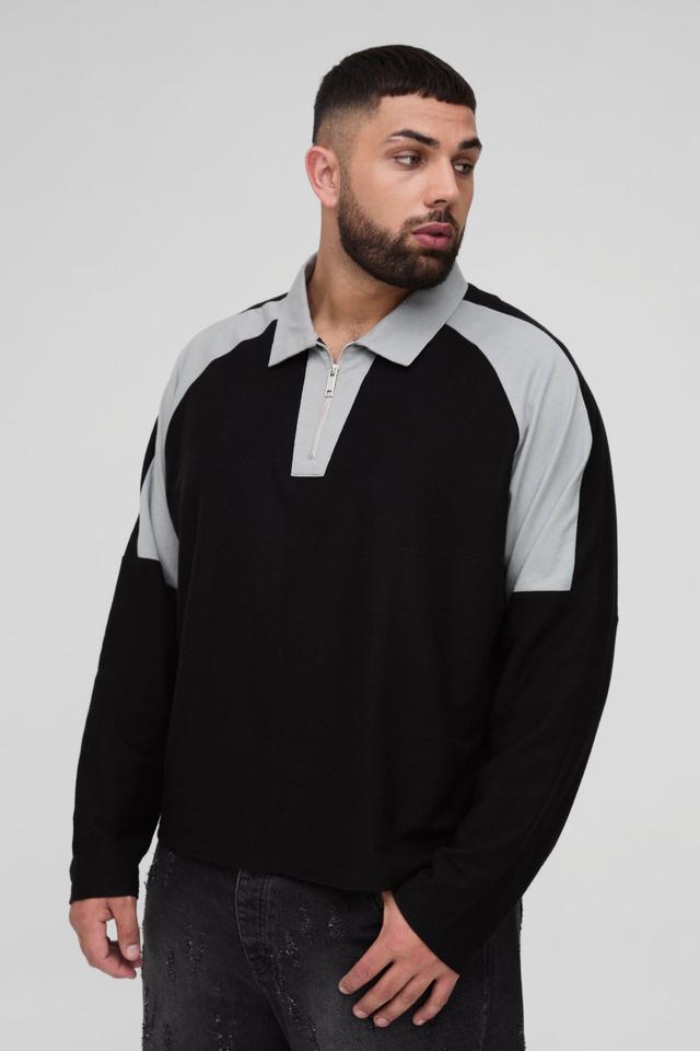 Plus Oversized Long Sleeve Panel Polo in Black | boohooMAN USA Product Image