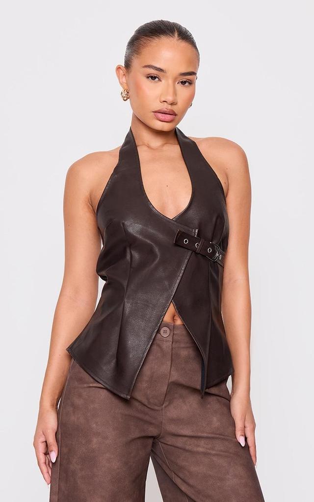 Petite Chocolate Faux Leather Buckle Detail Long Top Product Image