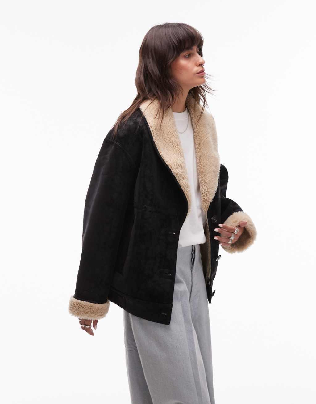 Topshop shearling car coat in black and cream Product Image