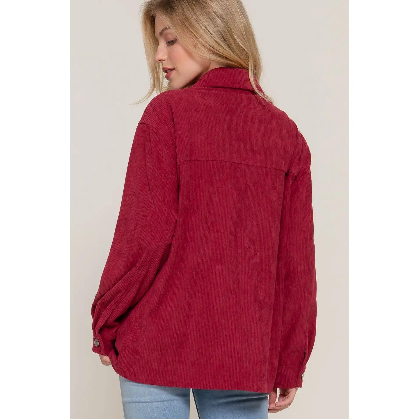 Women's Wine Long Sleeve Front Pocket Button Down Corduroy Jacket Product Image