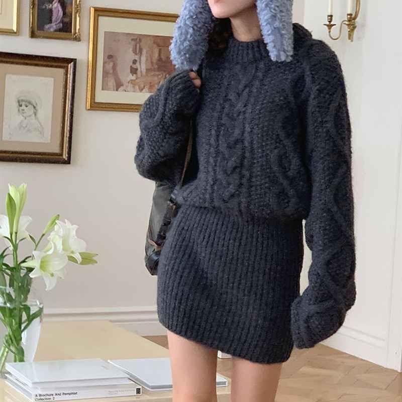 Long-Sleeve Crew Neck Plain Mini Cable Knit Sweater Dress Product Image