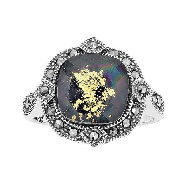 Lavish by TJM Sterling Silver Crystal Gold Leaf Black Onyx Doublet & Marcasite Cushion Ring, Womens Multicolor Product Image