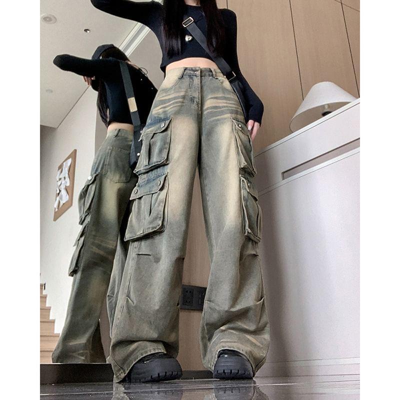 High Waist Washed Wide Leg Cargo Jeans Product Image