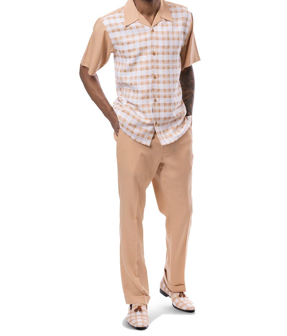 Tan Shadow Plaid Design Walking Suit 2 Piece Short Sleeve Set Product Image