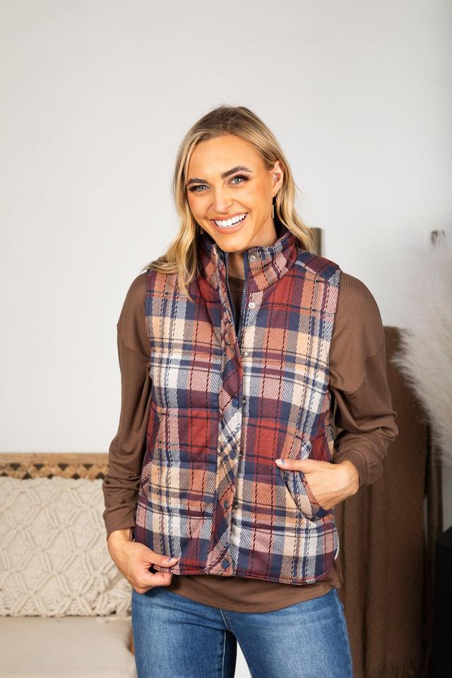 Navy And Maroon Plaid Vest With Pockets Product Image